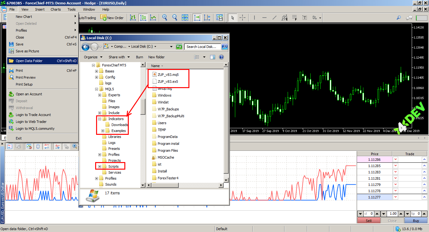 Installing MT5® indicator files in the MetaTrader 5® interface